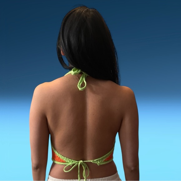 NWOT CROCHETED BRIGHT ORANGE AND NEON GREEN HALTER TOP FESTIVAL BEACH BOHO - Picture 2 of 4